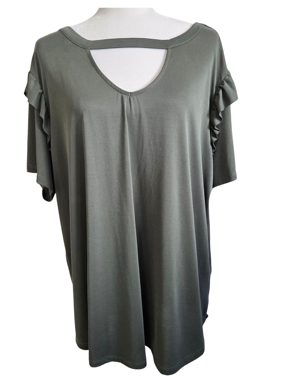 Terra & Sky Olive Green Short Sleeve Ruffle Keyhole Top